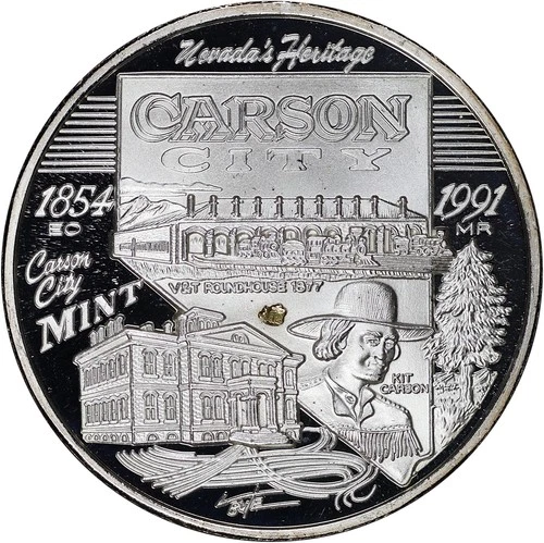 1991 Nevada Heritage Carson City 2 oz .999 Fine Silver Round with Gold Nugget