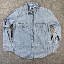 Levis Denim Shirt Mens Small Light Blue Western Pearl Snap Long Sleeve Button Up