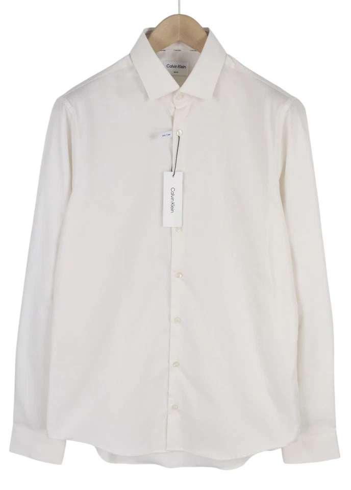 Calvin Klein Structure Solid Slim Homme Formel Chemise M Blanc Bouton Coton - Photo 2/4