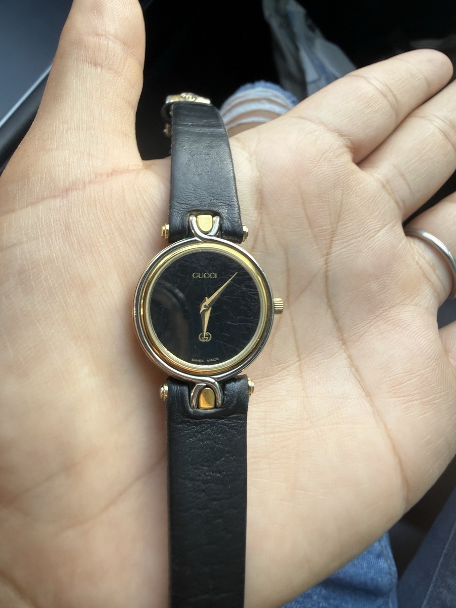 Gucci 4500L Women's Black Leather Gold Plated Analog Watch | eBay