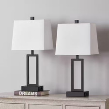 23.5 In. Control White Metal Table Lamp Set with USB Ports and AC Outlets Set o