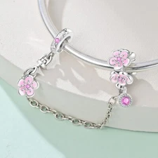 KUNSIR 925 Sterling Silver Safety Chain Charm - Pink Floral Charm For Bracelets