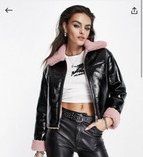 Bershka Shearling Detail Cropped Jacket In Black Vinyl Medium