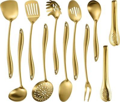 304 Stainlss Steel Matte Kitchen Utensils Set, 11 Pcs(Gold, Dishwasher Safe)
