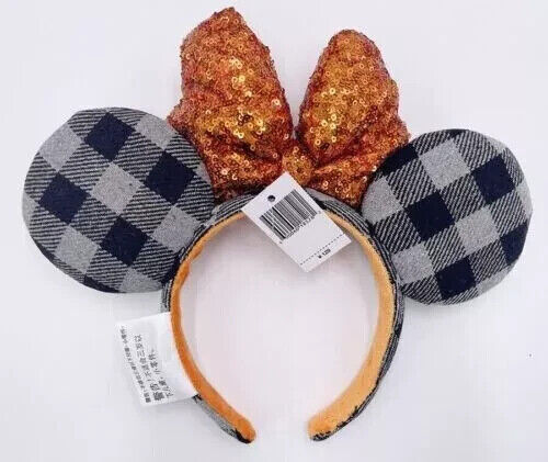 Minnie Mouse 2024 Ears Orange Bow Sequin Halloween Plaid Disney Parks Headband - Picture 4 of 4
