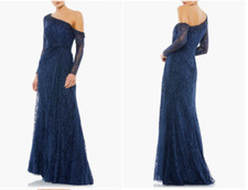 MAC DUGGAL DRAPED JEWEL ENCRUSTED LACE DROP SHOULDER NAVY GOWN  sz 16