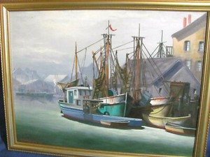 Rockport / Cape Ann Vintage O/C Painting of Fishing Trawlers Moored by Pier