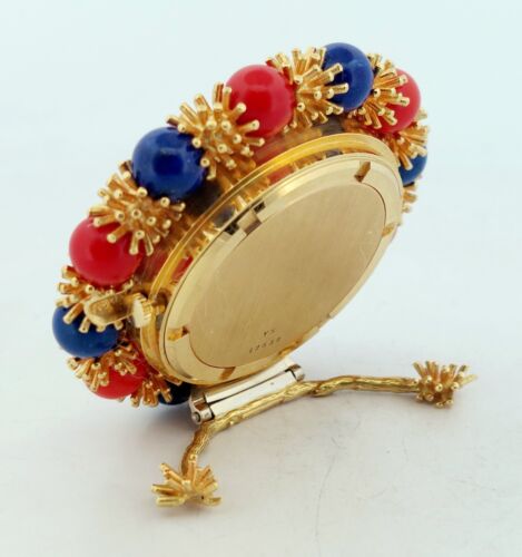 18k Solid Yellow Gold Lapis Lazuli & Coral - YVES 50mm Vintage Swiss Desk Watch - Picture 5 of 15