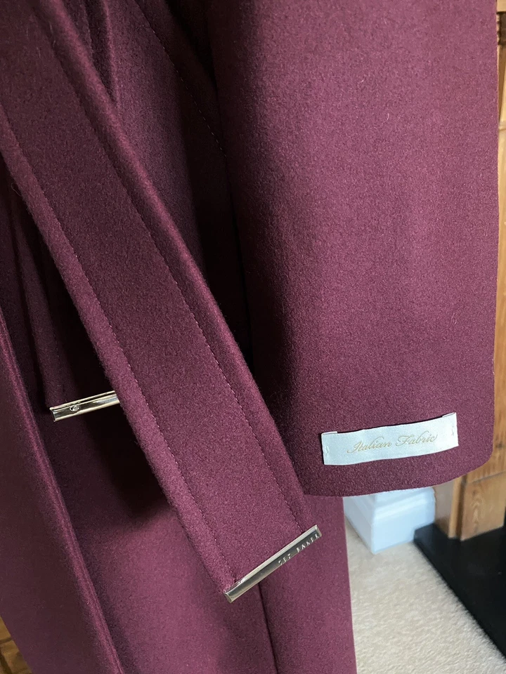 Abrigo Ted Baker Rosiey Púrpura Profundo Borgoña Lana y Cachemira Largo con Cinturón Talla 1 UK8 Foto 4 de 4