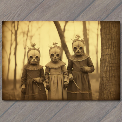POSTCARD Weird Creepy Vintage Look Vibe Kids Masks Halloween Cult Unusual Family