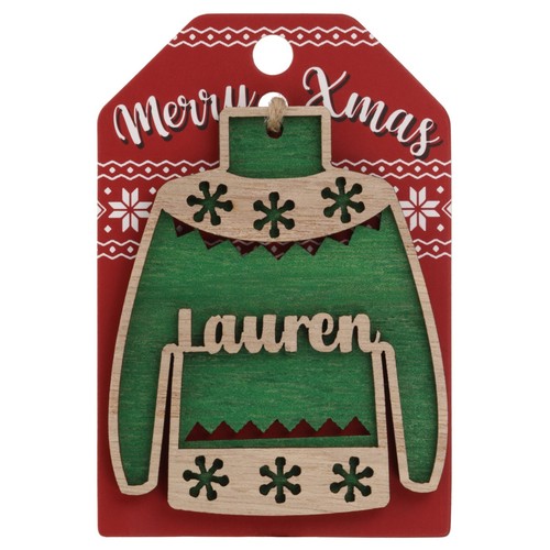 Christmas Jumper Wooden Tree Decoration Personalised Bauble Xmas Red Green White - Picture 123 of 199