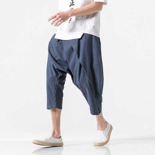 Men Drop Crotch Pants Trousers Shorts Pleated Retro Ethnic Chinese Hippe - Picture 3 of 15