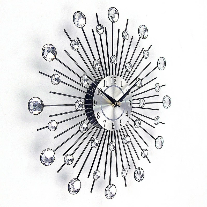 Home Large Crystal Wall Clock Round Diamond Hanging Metal Wall Watch Wall Decor - Image 3 of 4