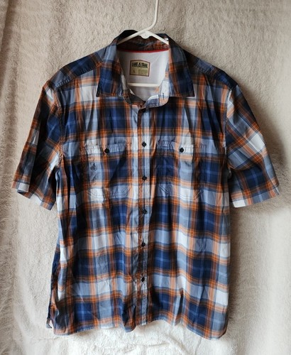 Lake Trail Shirt Mens L Button Up Short Sleeve Blue Orange Plaid Hiking Outdoor