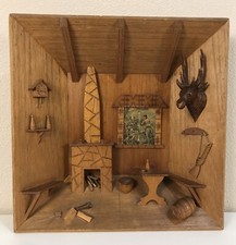 Vintage Folk Art 3D Wall Picture Still Life Wood Cabin All Wood Hand Carved