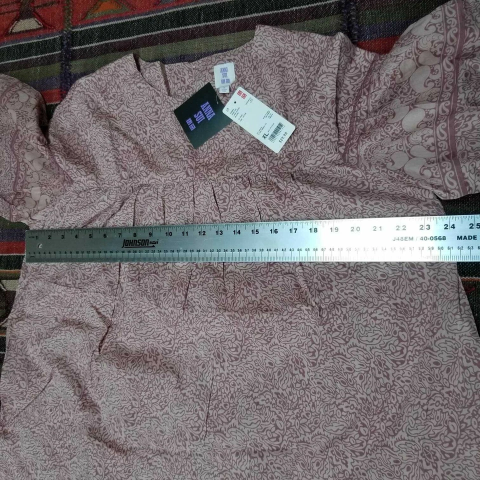 Anna Sui x Uniqlo Peasant Blouse Top XL Pink Mauve Floral Cottagecore Boho New - Image 3 of 4