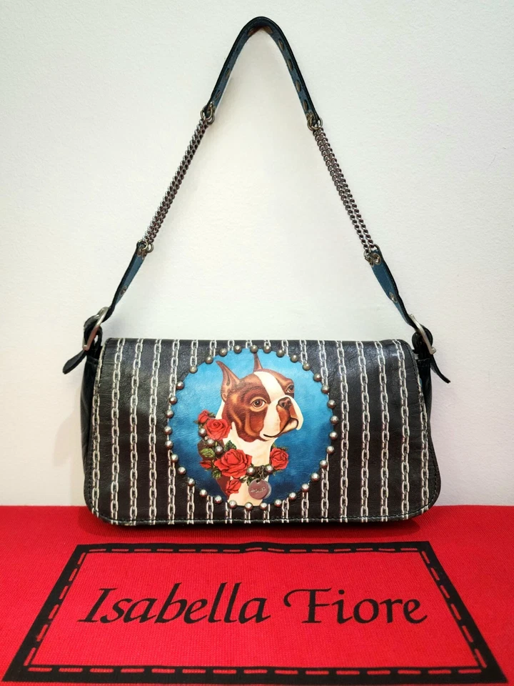 Bolso de Mano Isabella Fiore Bull Terrier Raro Estropeado Etiqueta de Perro Cadena y Rosas