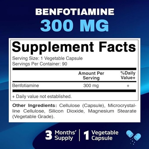 Mega Benfotiamine 300mg 90 Caps Gluten Free and Non-GMO Vitamin B1 - Picture 2 of 2