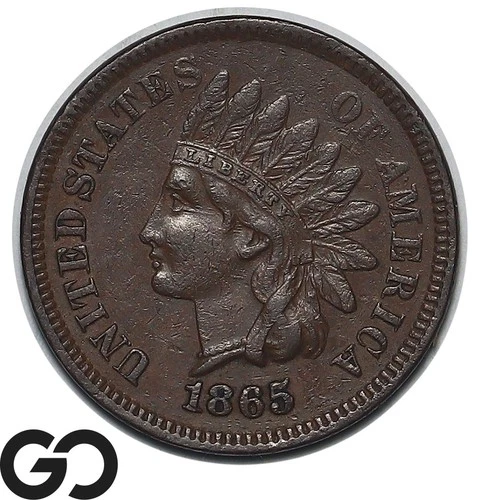 1865 Indian Head Cent Penny, Fancy-5, Choice XF++/AU Tougher Date