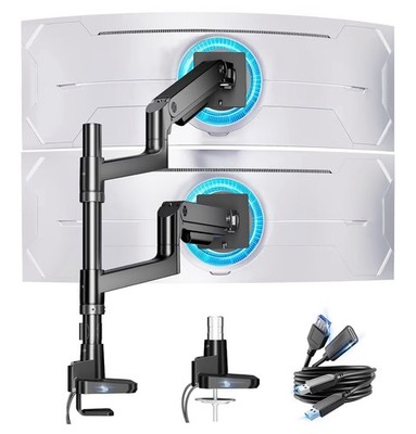 ARES Dual Monitor Stand Vertical Stack Gas Spring Mount w/ USB 17 49  Black