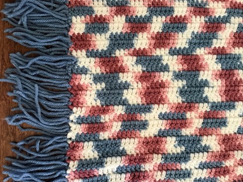 Crocheted Afghan, 45x72” with Thick Fringe, Blue, Cream, & Rose Colored Throw - Picture 2 of 6