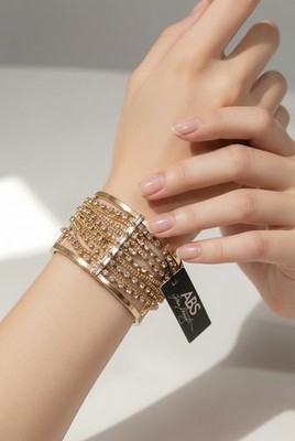 $75  ABS by Allen Schwartz gold tone rhinestone dropped  cuff  bracelet B24-1