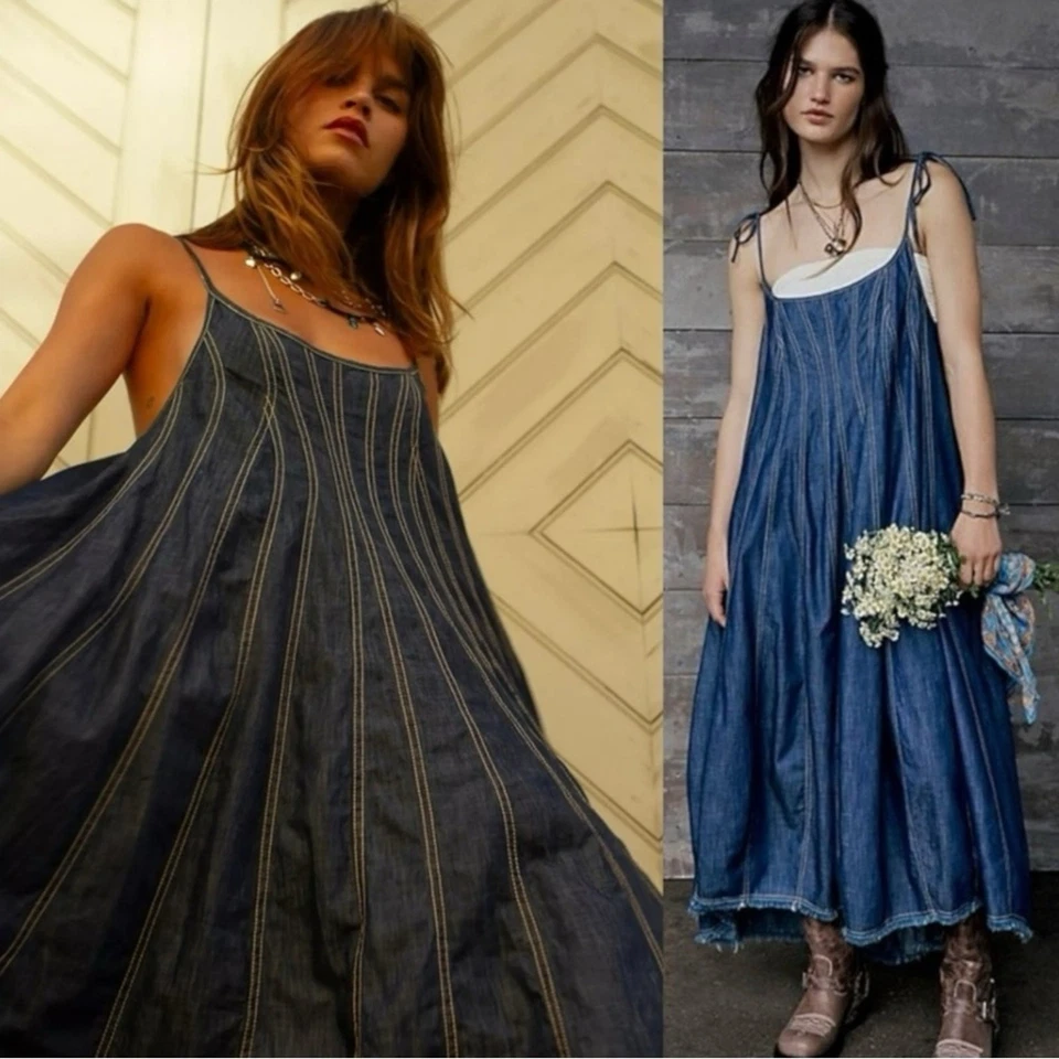 Maxi Vestido Free People Denim Dreams Midi Años 70 Azul Talla Mediana Jean Jumper Foto 2 de 4