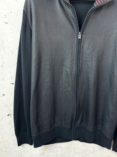 Hugo Boss 100% Virgin Wool Perforated Leather Full Zip Sweater Jacket Men XL image 4