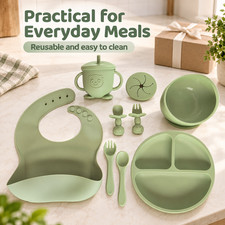 9-Piece Baby Silicone Feeding Set Suction Plate Bowl Bib Cup Utensils Green