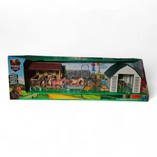New Deluxe Ray Country Life Horse Stable Bulls Farmer Barn & Animals Playset Toy