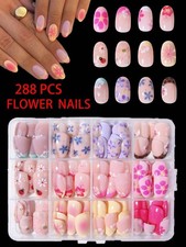 288 X Floral Press On Nails Short French Tip False Nails Reusable Glue On UK New