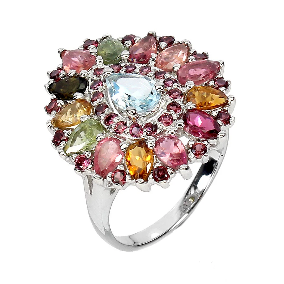 925 Anello Argento Sterling Pera Acquamarina Tormalina Gemma Gioielli Misura 8.5 - Immagine 2 di 4