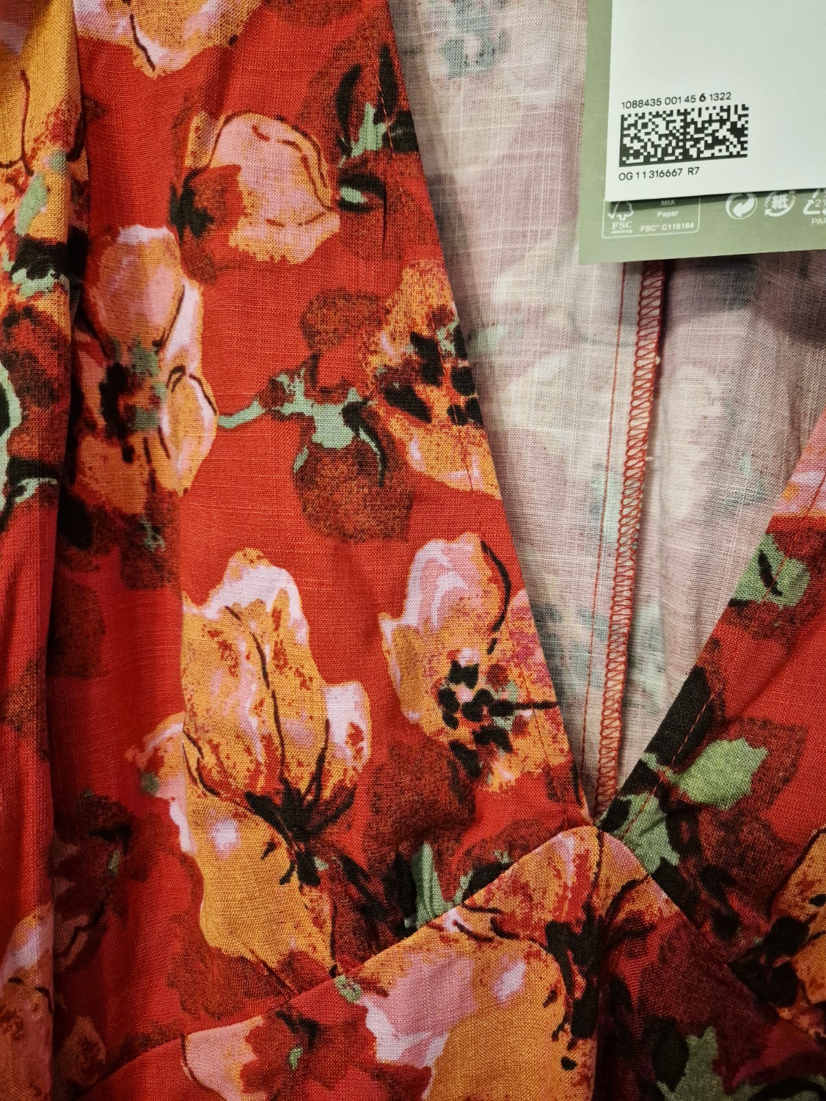 H&M Dress Size XS Autumn Red Floral PATTERNED PUFF-SLEEVED DRESS V Neck thumbnail 6