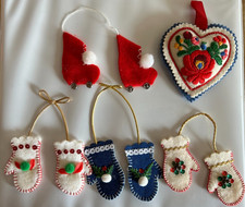 5 VTG Felt Needlepoint Christmas Ornaments, Handmade, Mittens, Skates, Heart