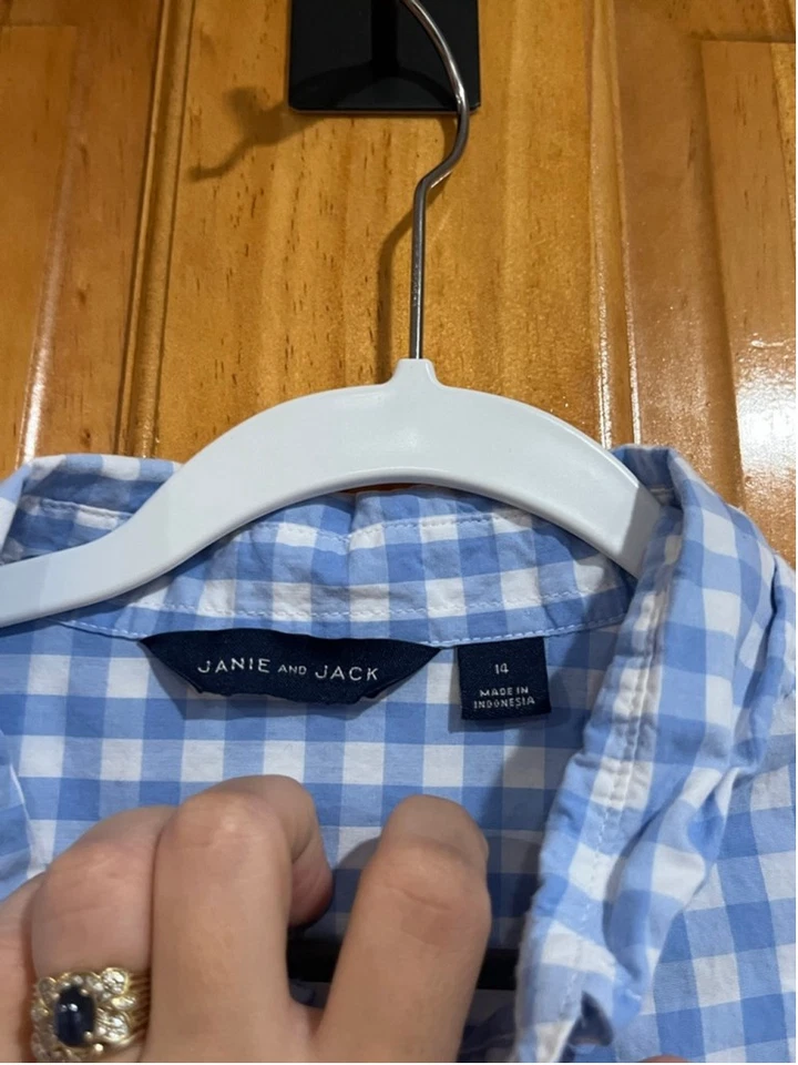 Young Boy Janie and Jack Blue and White Checkered Button Down Cotton Shirt 14 - Image 2 of 4