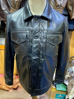 Real Genuine Leather Jacket Men A Black Trucker Shirt Jacket With Flap Pockets