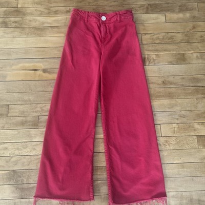 Zara Girls Jeans, Bright Red, Flare, Rough Edge, Adjustable Waist, Size 13-14