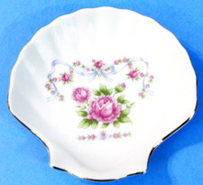 Floral Soap Dish Roses Shell Trinket Dish Blue Ribbons Vintage Japan 4.5"