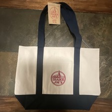 Trader Joe's Canvas Reusable Tote Bag White Navy Blue Solid