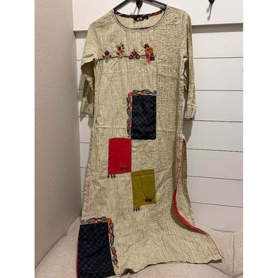 S4U Shivali Women Beige Patchwork Embroidered Kurta Tunic Dress Sz M Boho Artsy