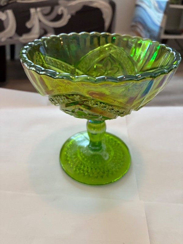 Vtg Indiana Glass Lime Green Iridescent Carnival Glass Compote 5”