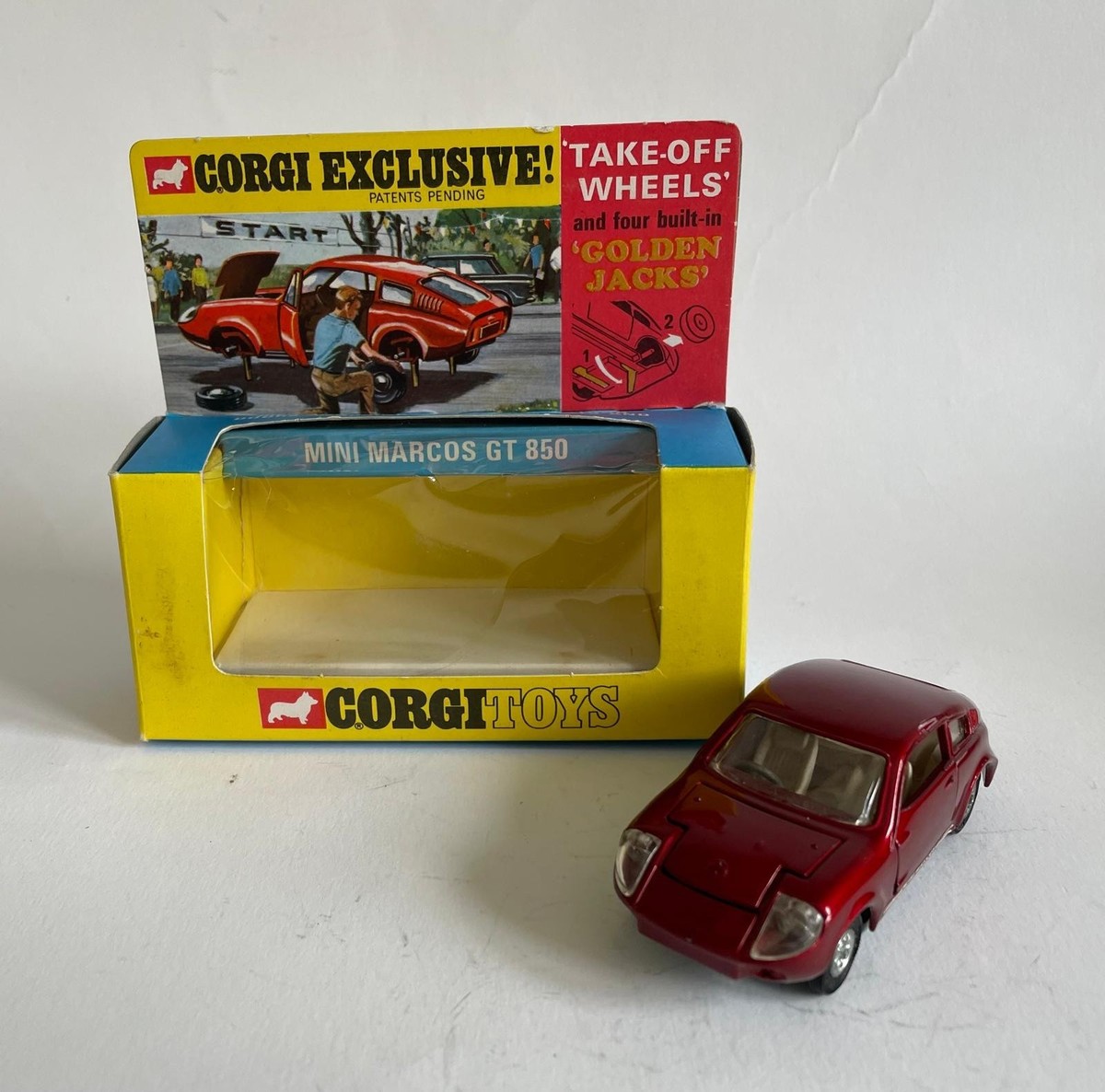 Corgi Toys 341, Mini Marcos GT 850, with Golden Jacks Superb Corgi Toys 341, Mini Marcos GT 850, with Golden Jacks Superb