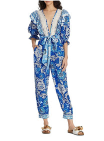 NWT $260 FARM Rio Full Of Flowers Ruffled Jumpsuit Blue Floral Linen Small