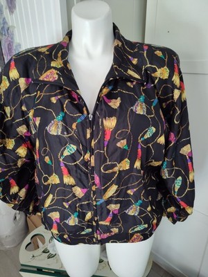 Vintage Rhoda Lynne Jacket Womens L Tassel Print Washable Silk Full Zip *Read*  