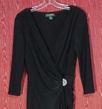 LAUREN RALPH LAUREN Dress Black V-Neck Long Sleeve Ruched/Brooch Dress Women's 6