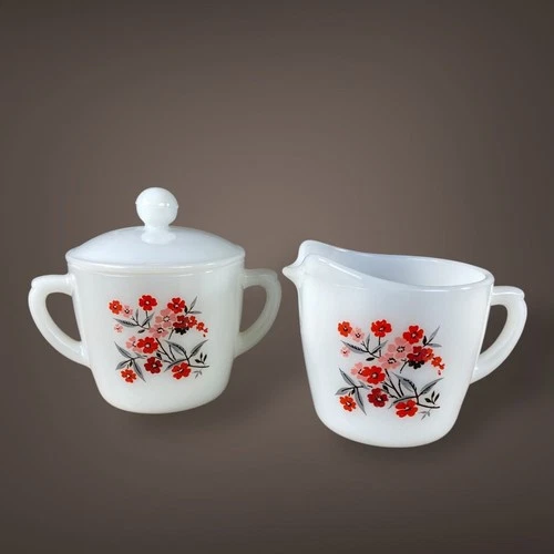 Fire King Primrose Creamer Sugar Set Milk Glass Vintage 1960s Valentine Spring