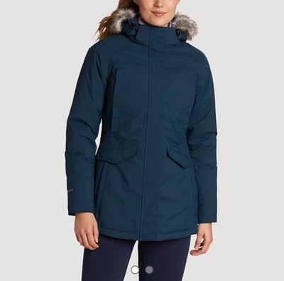 Eddie Bauer Co Jacket Womens Large Blue Silver Lining Down Parka 550 Fill Hooded