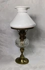 Antique Oil Lamp Duplex Burner Brass Cut Glass Font Milk Glass Shade