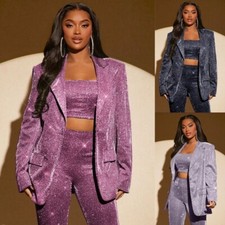 Shiny 2 Pcs Women Suits Party Prom Glitter Plus Size Fashion Wedding Wear Blazer