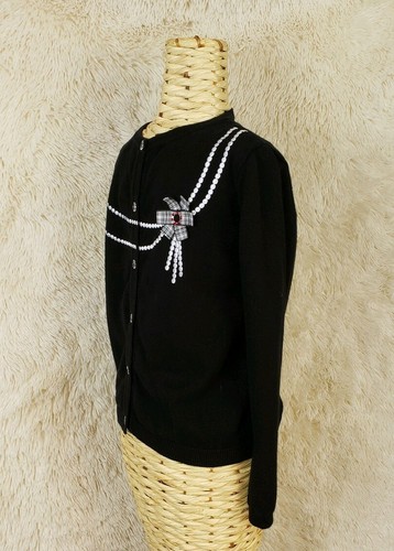 Hartstrings Sweater Girls Size 7 Button Down Cardigan Black Embroidered Cotton A - Picture 2 of 6
